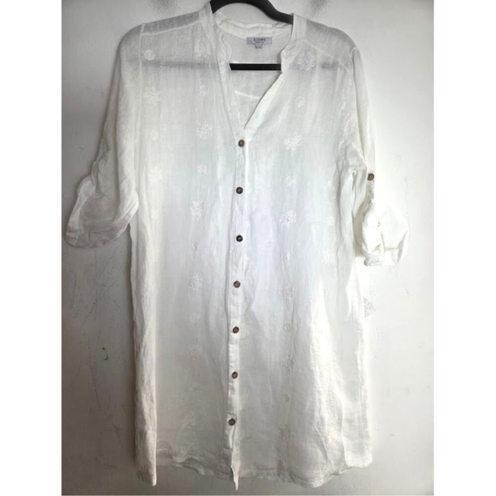 Rosemarie White Embroidery  Gauzy Linen Button Down Tunic Blouse size Medium